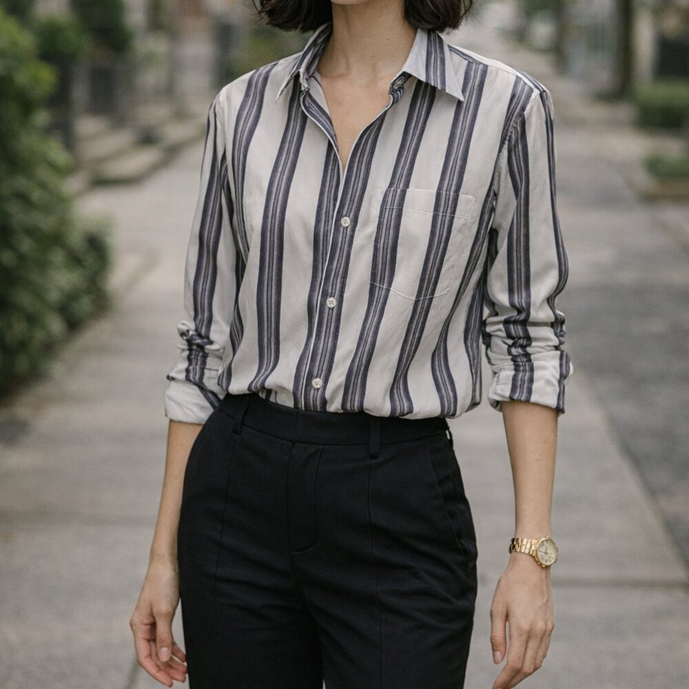 Perry Ellis Navy and White Striped Button-Down Shirt